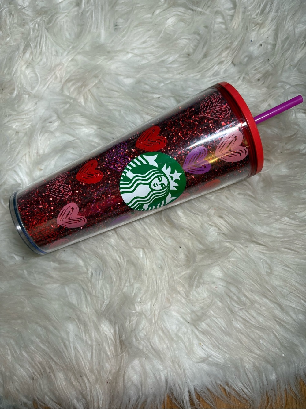 Starbucks Red Glitter Tumbler with Pink and Purple Hearts